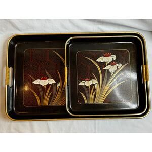 Set of 2 Vintage Japanese Tee Tray w/Bamboo Handles